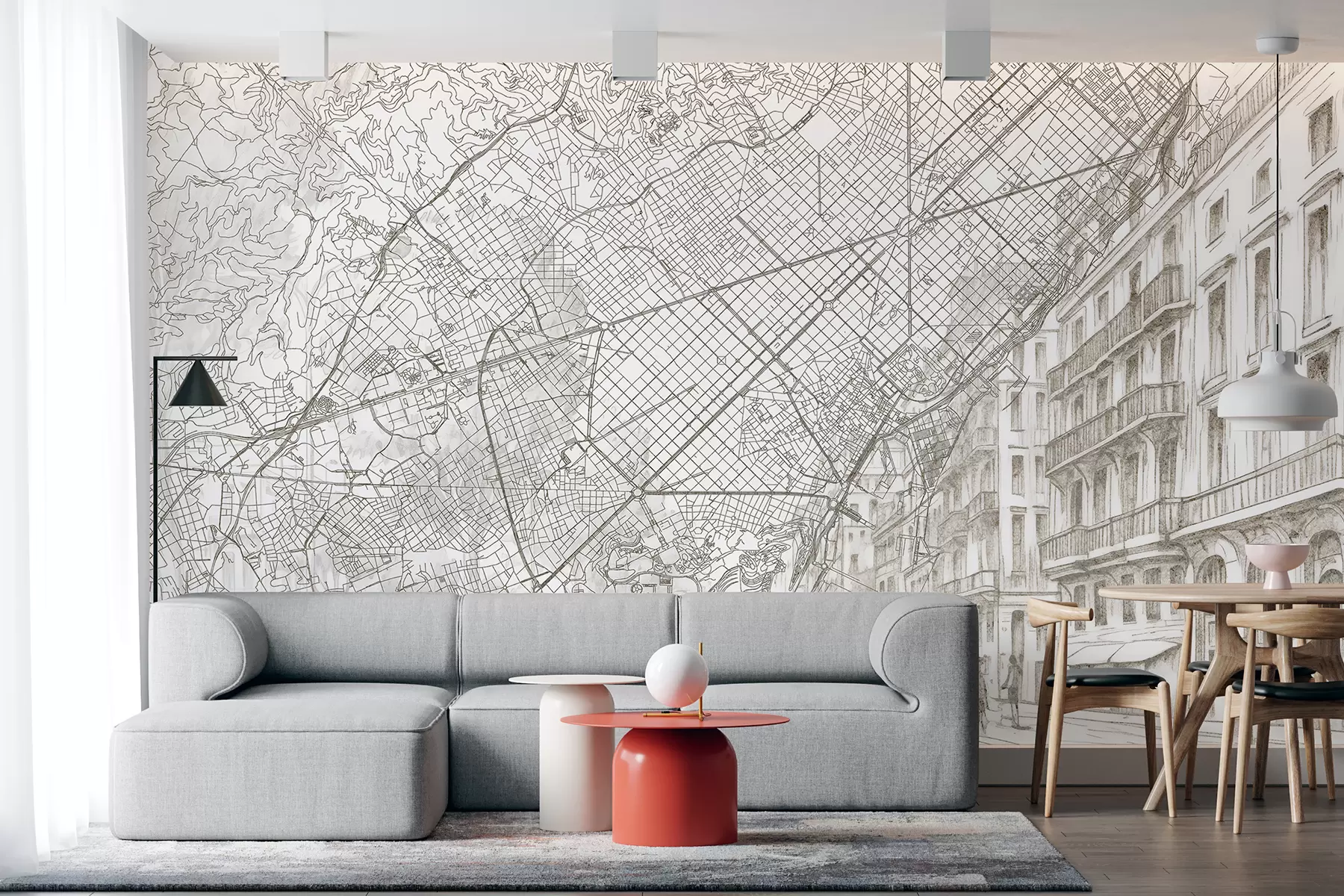 murales de pared Mapa de la ciudad de Barcelona, dibujo lineal, arquitectura, España, colores beige w01695