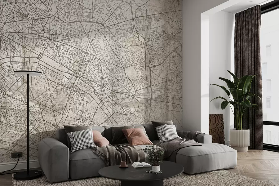 murales de pared Mapa de la ciudad de París, dibujo lineal, arquitectura, Francia, colores beige w01697