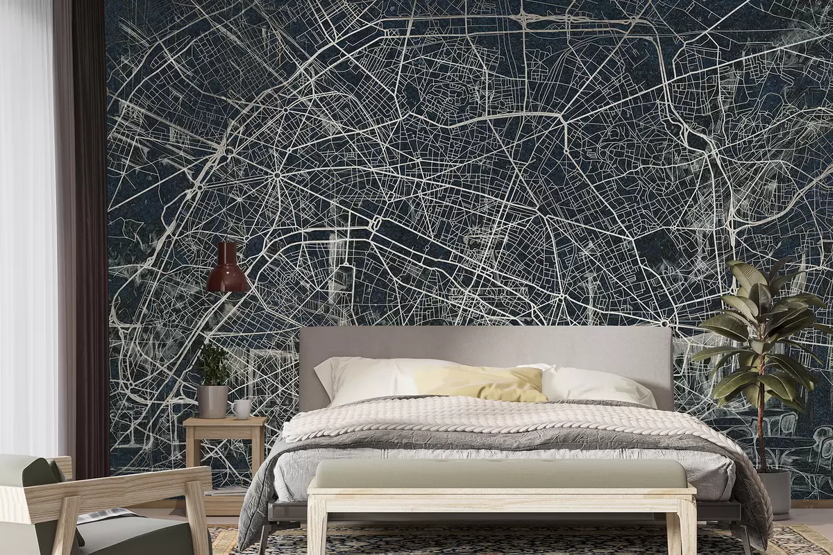 murales de pared Mapa de la ciudad de París, dibujo lineal, arquitectura, Francia, colores oscuros w01697v1