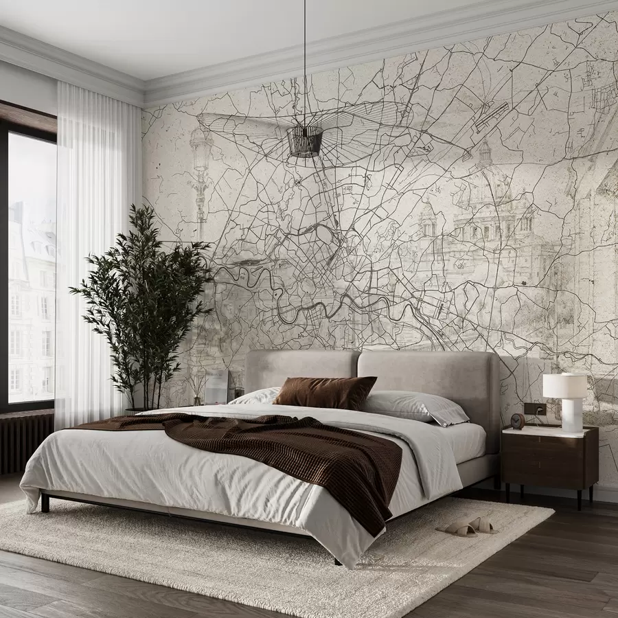 murales de pared Mapa de la ciudad de Roma, dibujo lineal, arquitectura, Italia, colores beige w01698