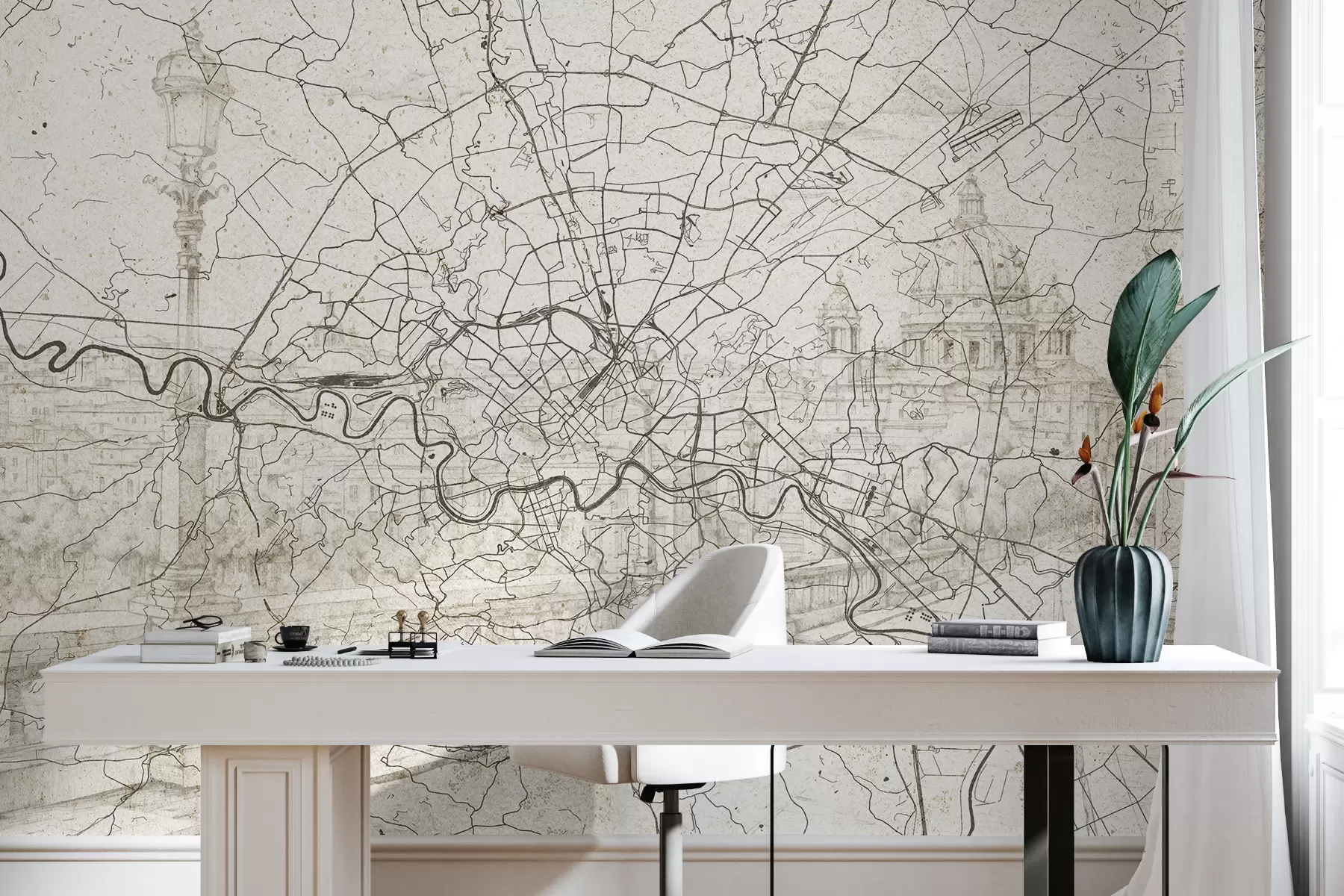 murales de pared Mapa de la ciudad de Roma, dibujo lineal, arquitectura, Italia, colores beige w01698