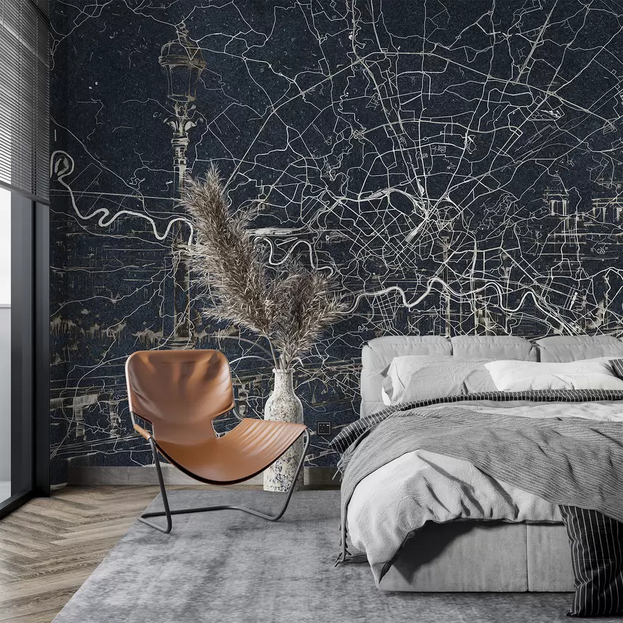 murales de pared Mapa de la ciudad de Roma, dibujo lineal, arquitectura, Italia, colores oscuros w01698v1