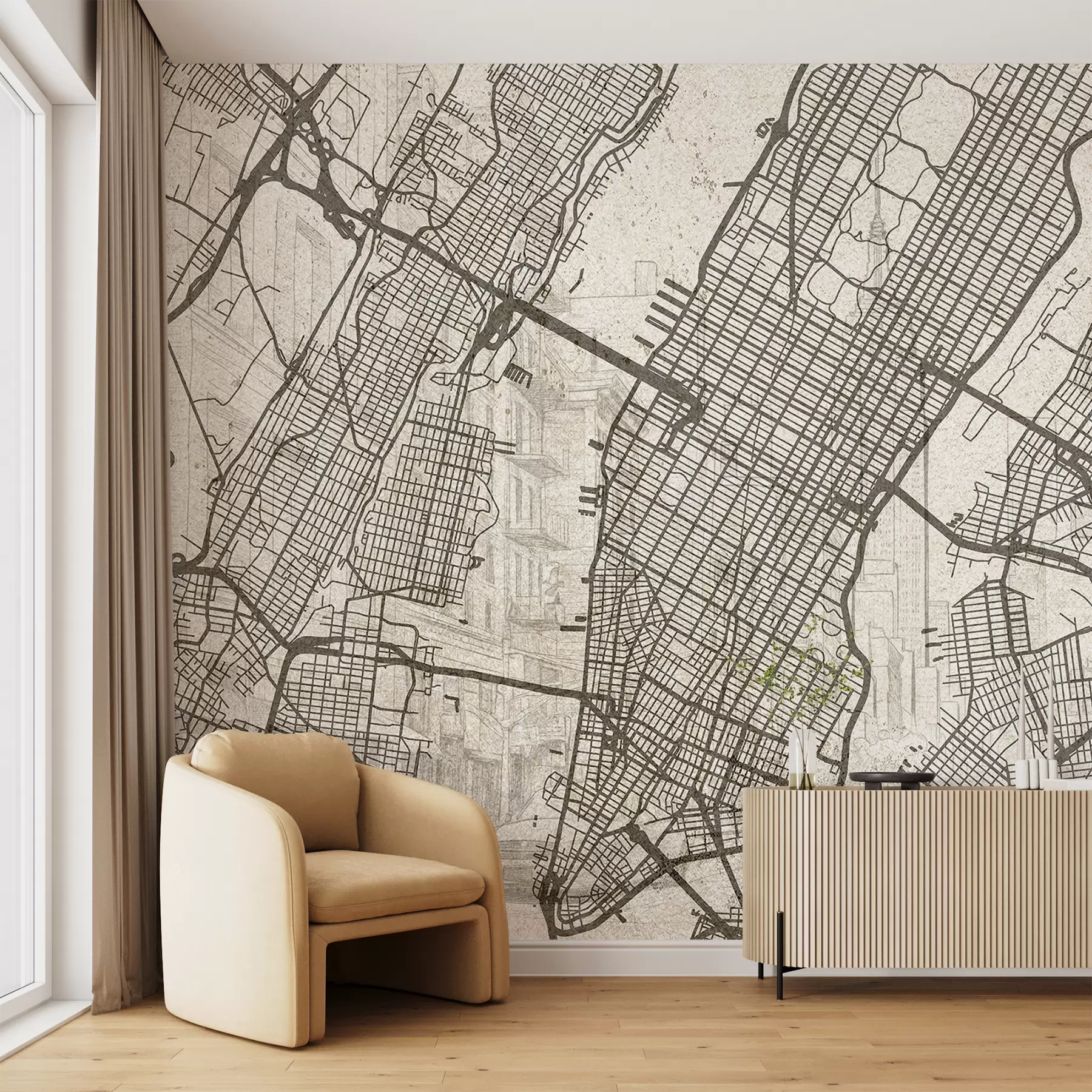 murales de pared Mapa de la ciudad de Nueva York, dibujo lineal, arquitectura, colores beige w01699