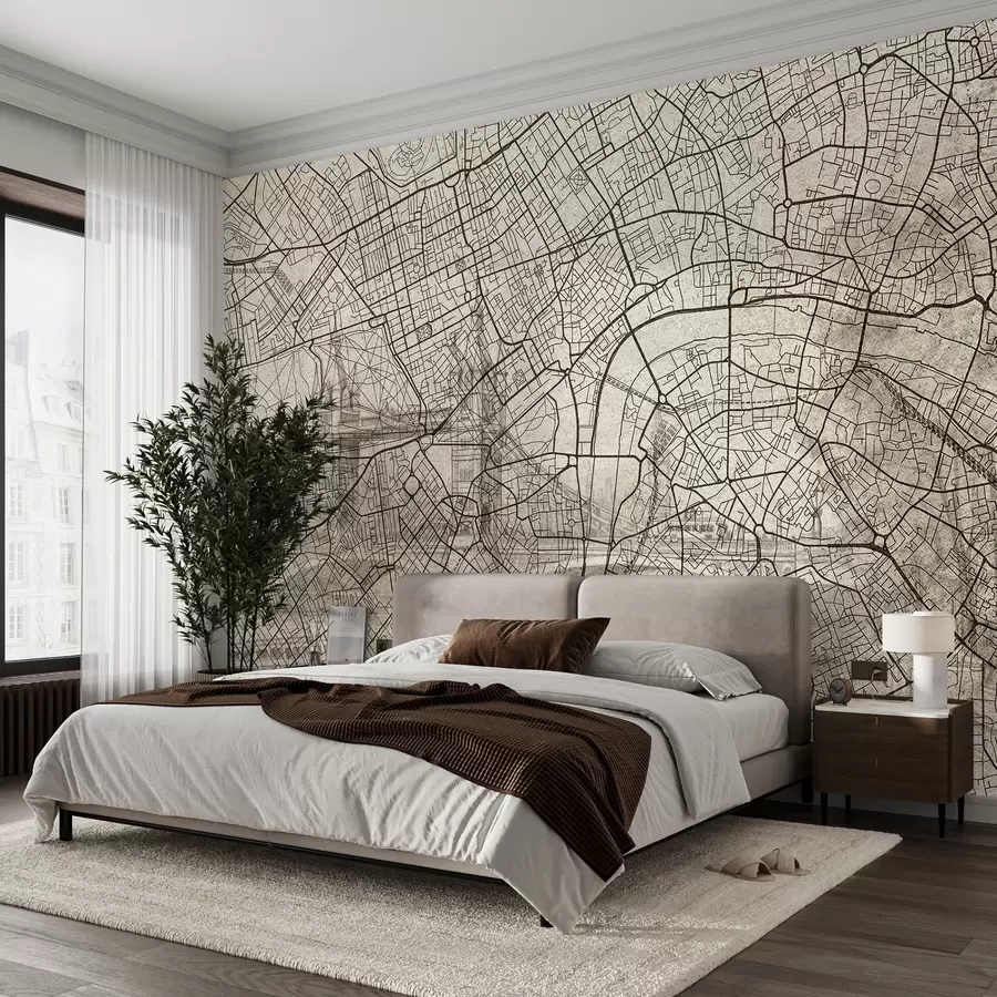 murales de pared Mapa de la ciudad de Londres, dibujo lineal, arquitectura, colores beige w01702