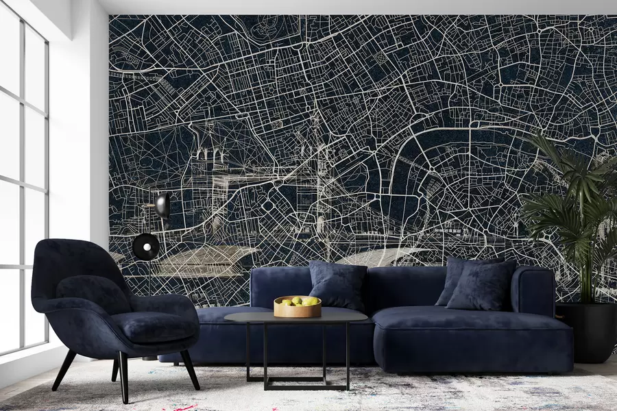 murales de pared Mapa de la ciudad de Londres, dibujo lineal, arquitectura, colores oscuros w01702v1