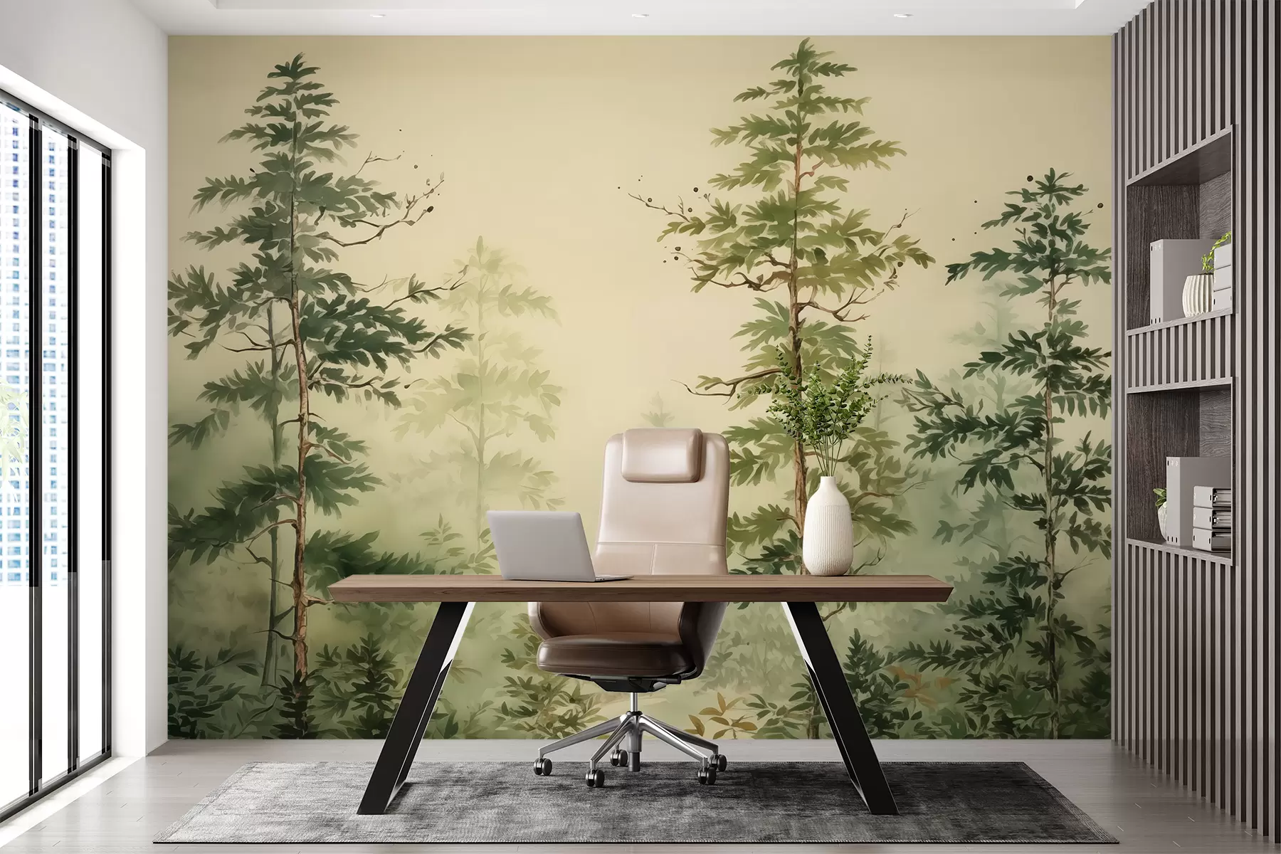 murales de pared Acuarela bosque de pinos, color verde w01727