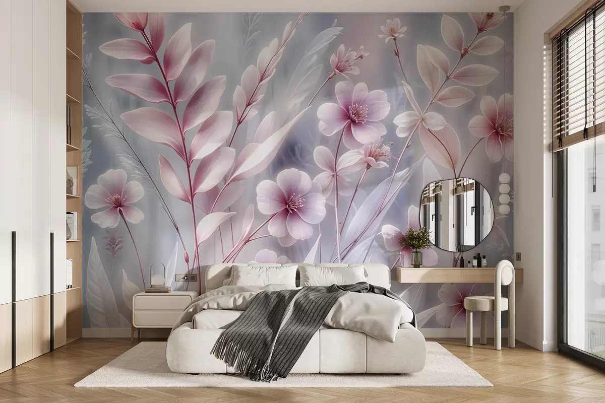murales de pared Delicadas flores rosas con suaves pétalos y hojas sobre un fondo abstracto gris pálido w08323