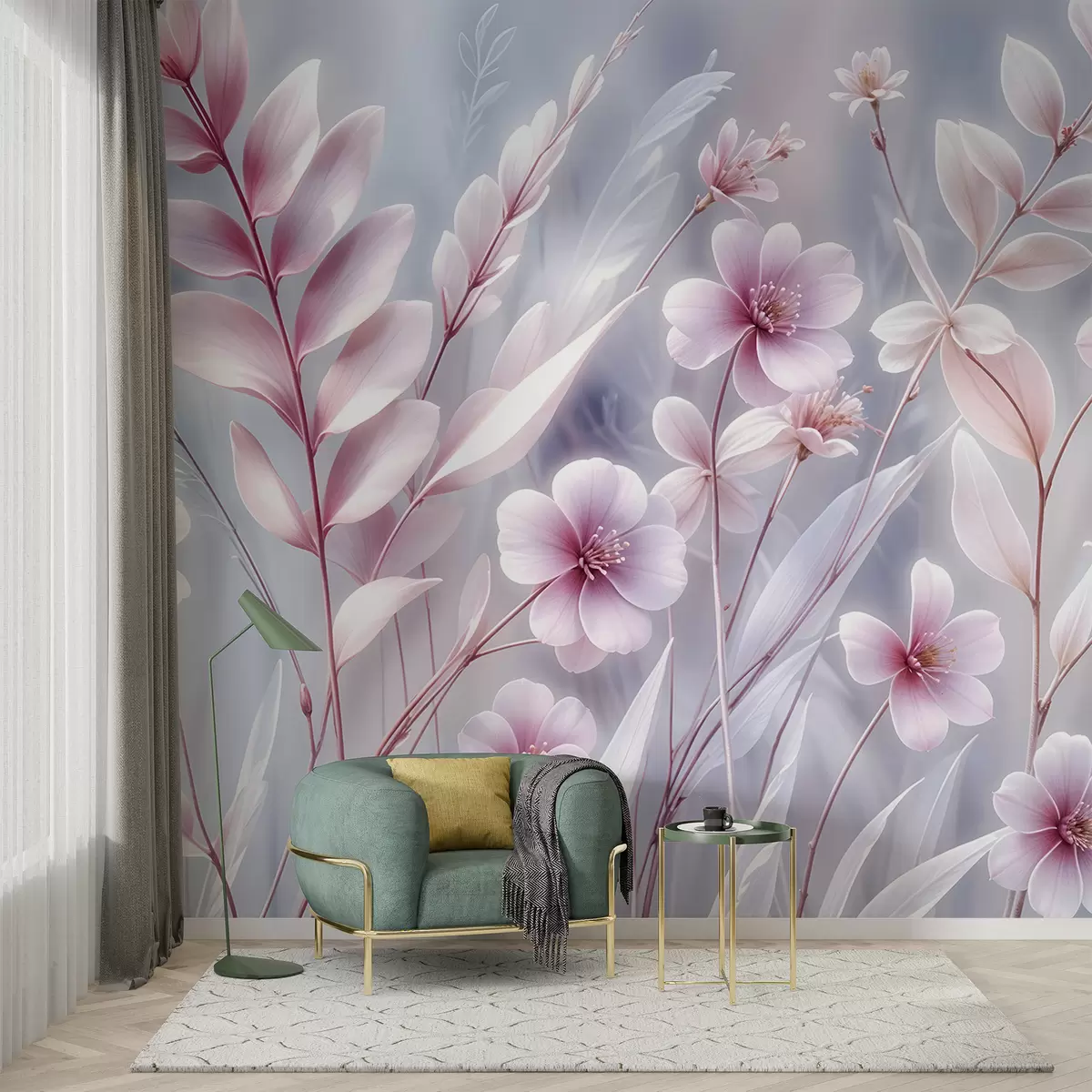 murales de pared Delicadas flores rosas con suaves pétalos y hojas sobre un fondo abstracto gris pálido w08323