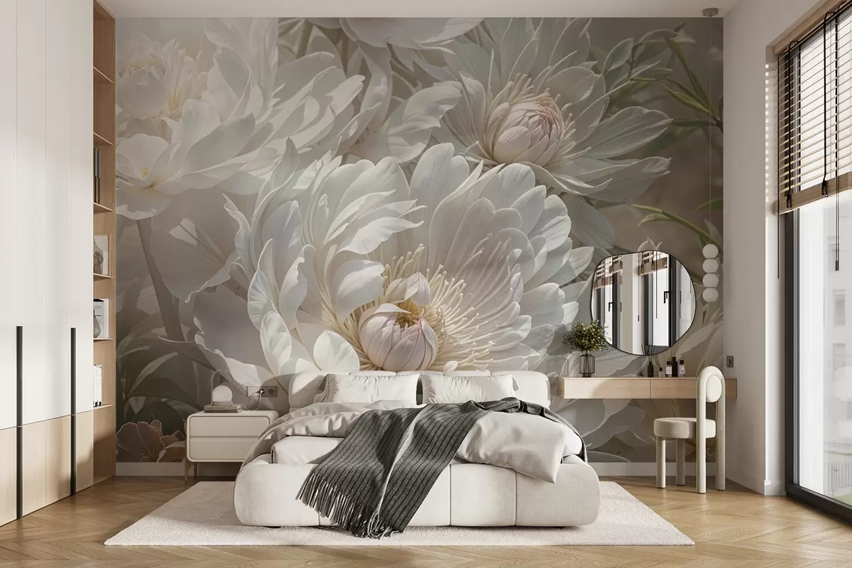 murales de pared Primer plano de grandes y delicadas flores blancas de peonía con pétalos suaves y esponjosos y centros de color amarillo pálido  w08325