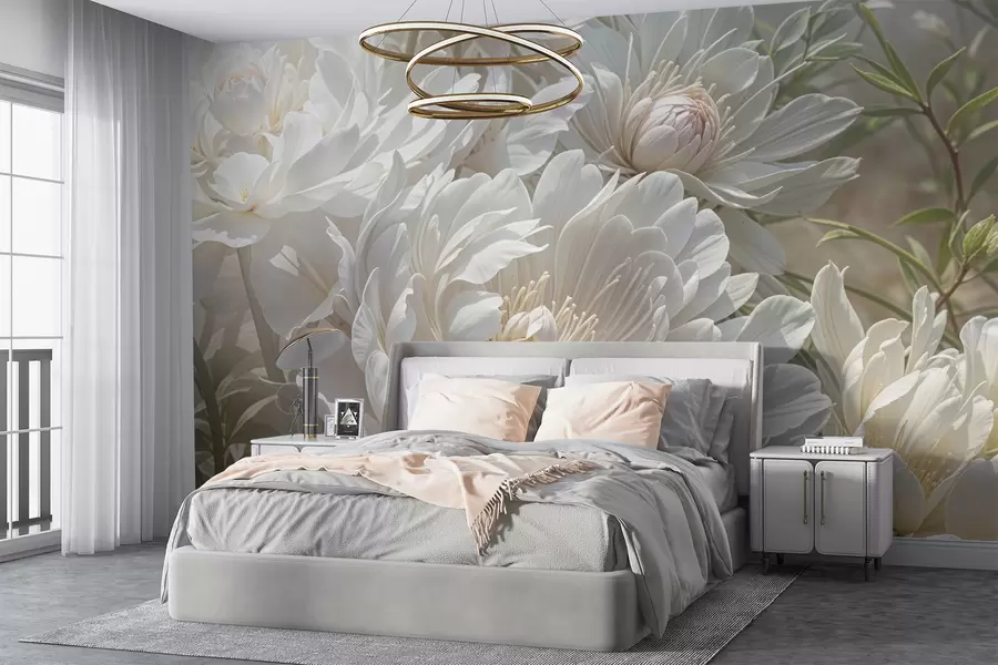 murales de pared Primer plano de grandes y delicadas flores blancas de peonía con pétalos suaves y esponjosos y centros de color amarillo pálido  w08325