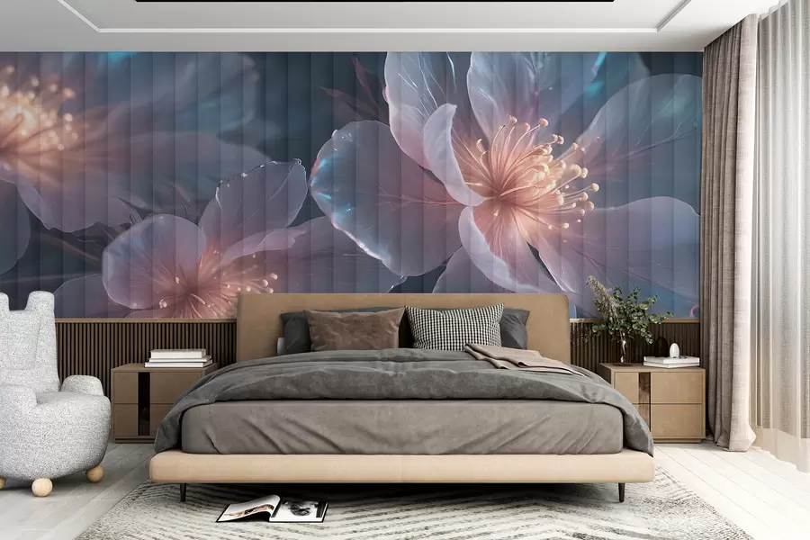 murales de pared Delicadas flores rosas y azules transparentes con pétalos suaves y difuminados y centros brillantes sobre un fondo oscuro w08329