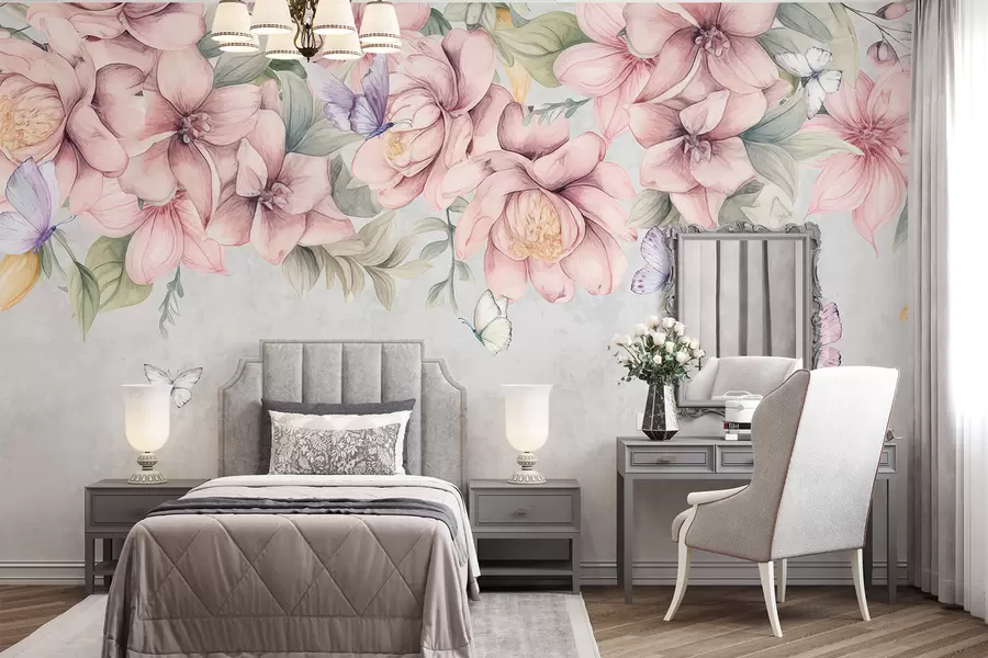 murales de pared Suaves flores rosas y blancas con delicadas flores y hojas sobre fondo gris texturizado w08331