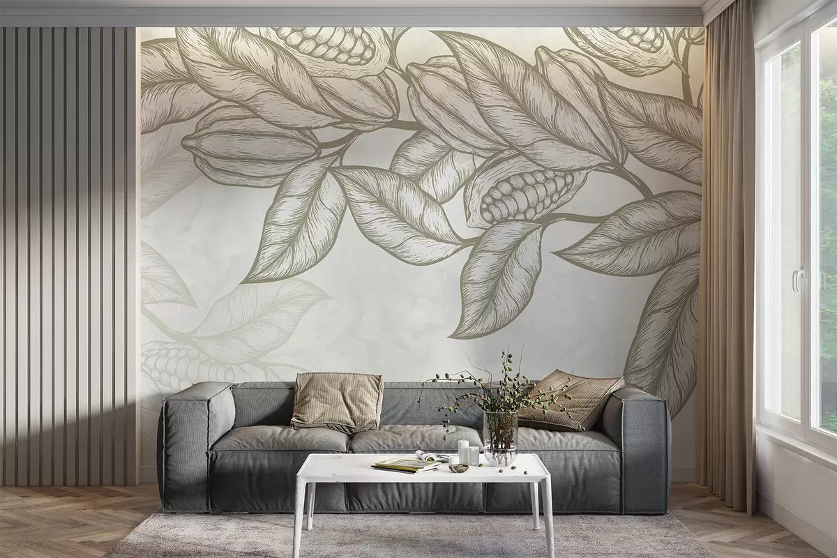 murales de pared Dibujo lineal detallado de hojas y follaje de cacao en un estampado natural y orgánico w08334