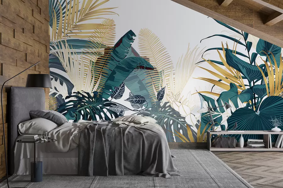 murales de pared Un exuberante follaje verde tropical, que incluye hojas de palmera, helechos y otras plantas exóticas de colores verde oscuro y naranja w08338