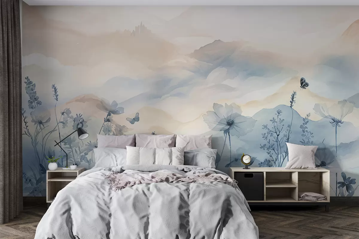 murales de pared Un paisaje sereno con una cordillera brumosa al fondo, rodeada de un campo de delicadas flores azules w08339