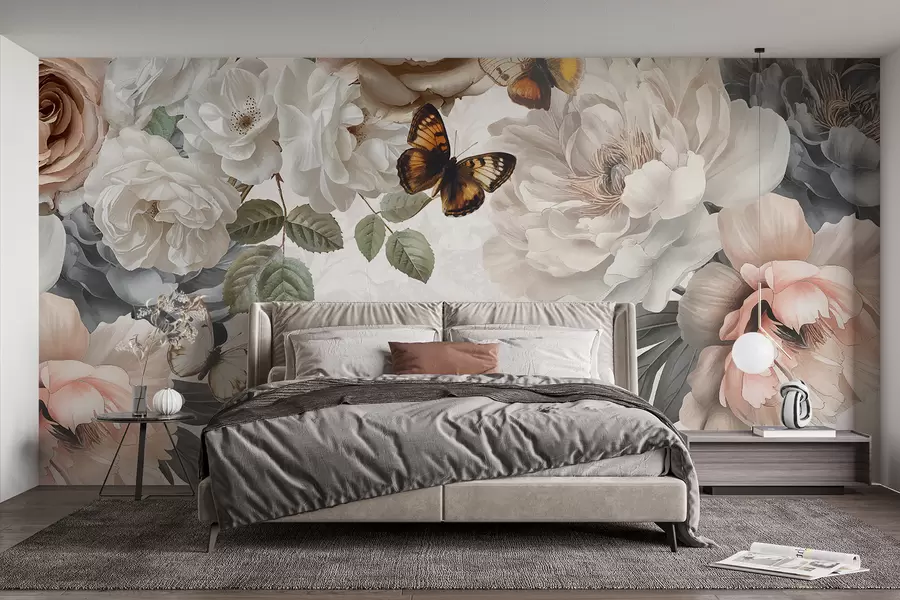 murales de pared Grandes flores de peonía blancas y rosas con una mariposa posada en una de las flores sobre un fondo suave y difuminado w08340