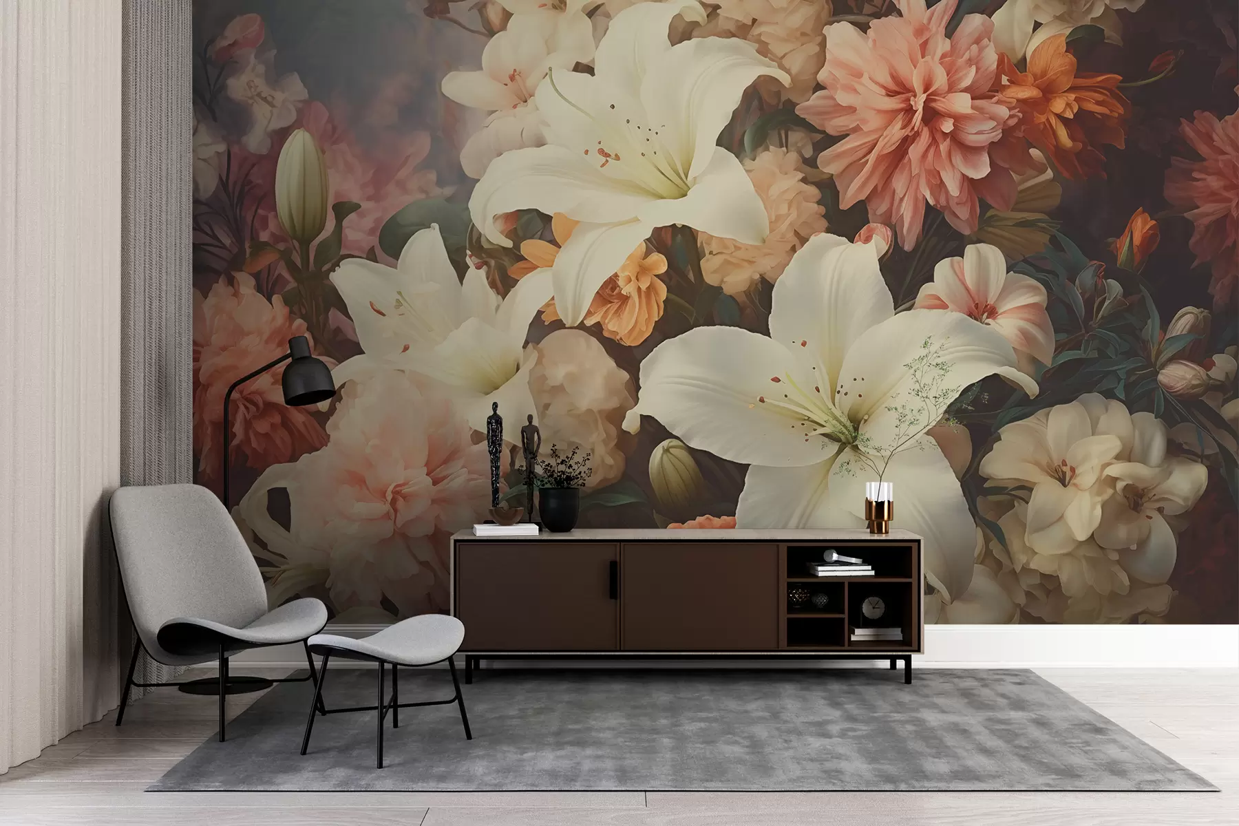murales de pared Flores vintage sobre fondo oscuro w01765