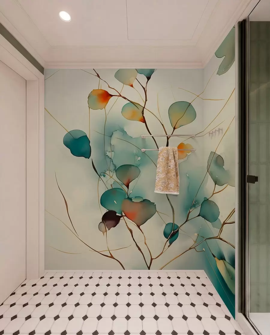 murales de pared Abstracto ramas con hojas borrosas acuarela húmeda w01779