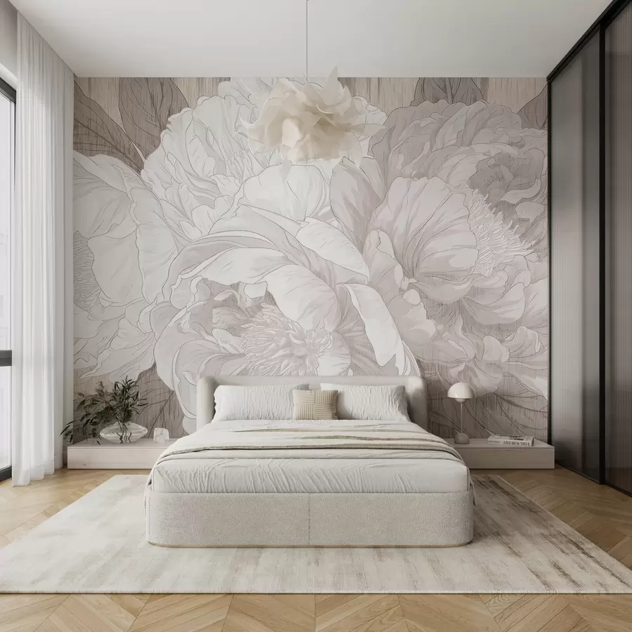 murales de pared Grandes flores de peonía texturizadas en tonos beige w01141