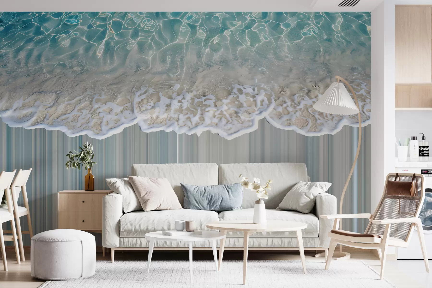 murales de pared Papel pintado en tonos beige y azul con una ola de mar y espuma encima sobre un fondo a rayas w01145