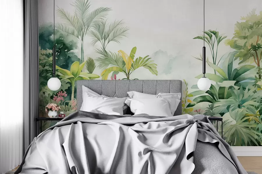 murales de pared Selva, acuarela, palmeras, floral, colores suaves w01785