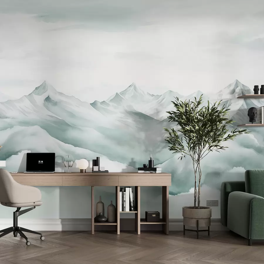 murales de pared Paisaje de montaña, acuarela, colores azules suaves w01787v2