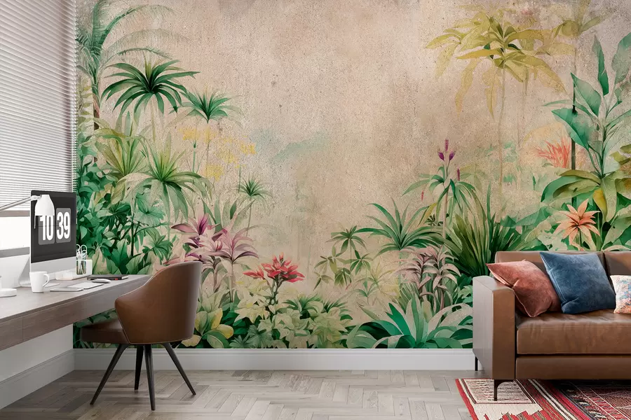 murales de pared Selva, acuarela, palmeras, floral, fondo beige  w01788