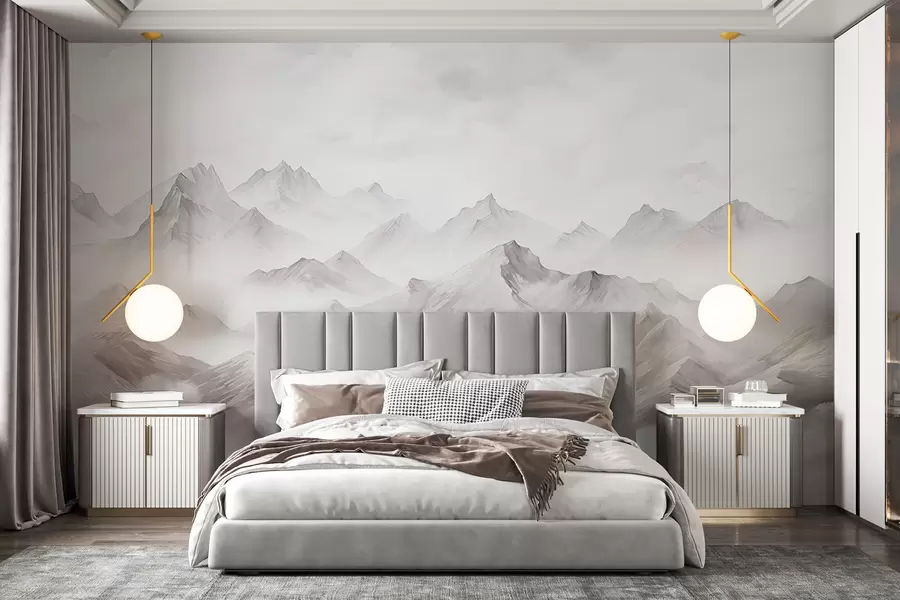 murales de pared Montañas con nubes, acuarela, colores grises suaves w01790v1