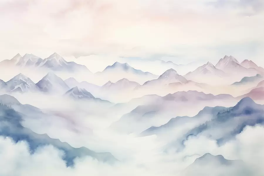 murales de pared Paisaje de montañas etéreas, nubes, acuarela w01791
