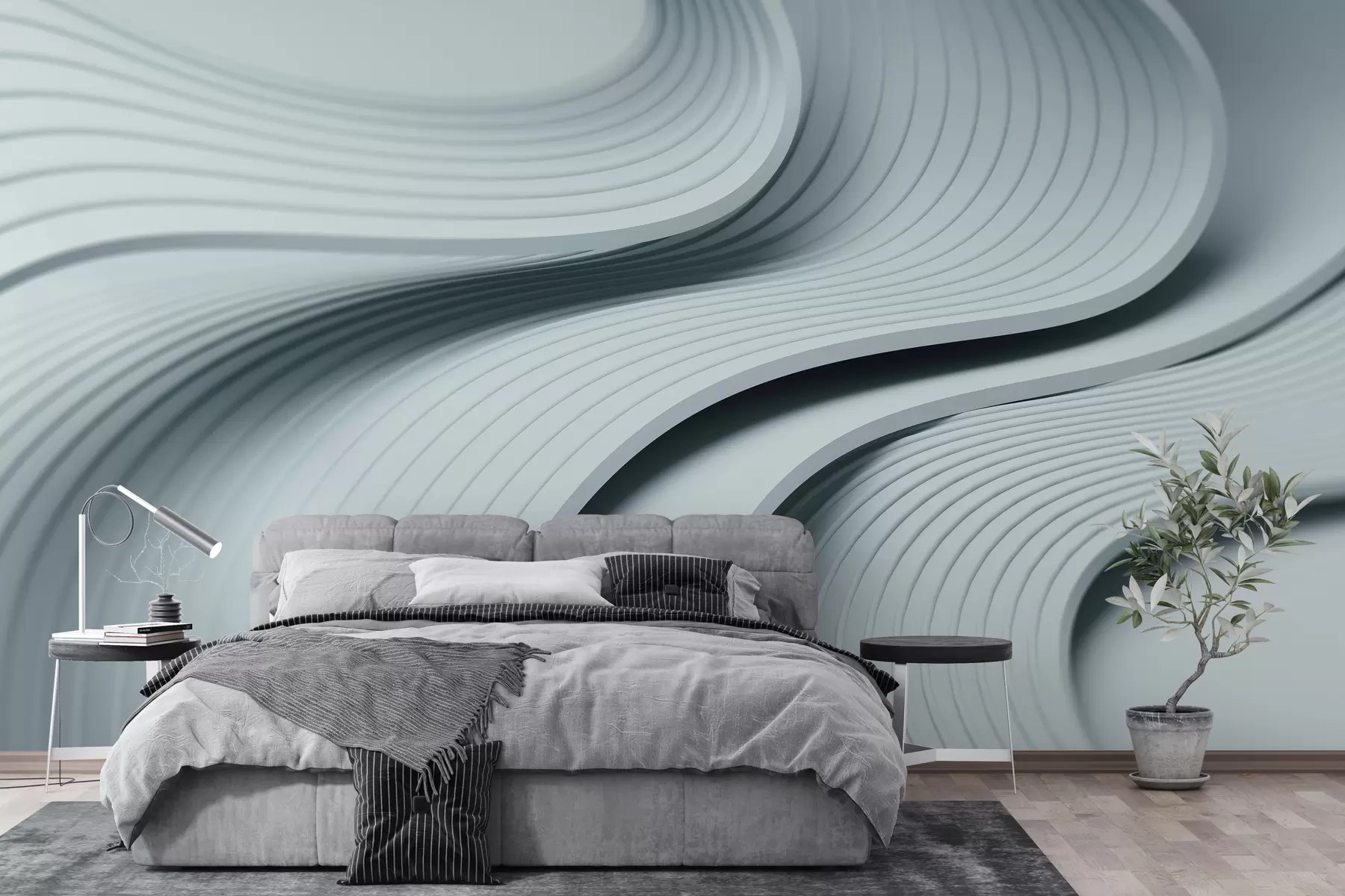 murales de pared Elegantes ondas voluminosas en estilo 3D en tonos fríos w01147v3