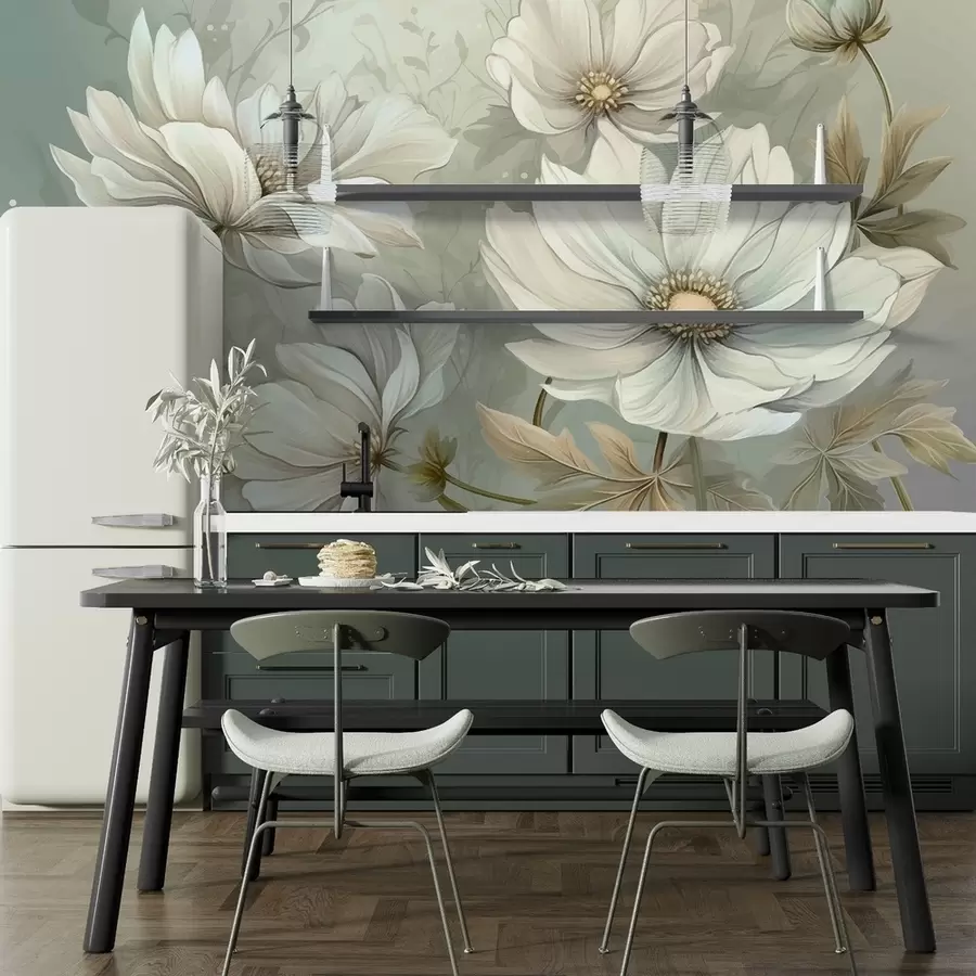 murales de pared Grandes flores blancas y beige, fondo delicado w01808