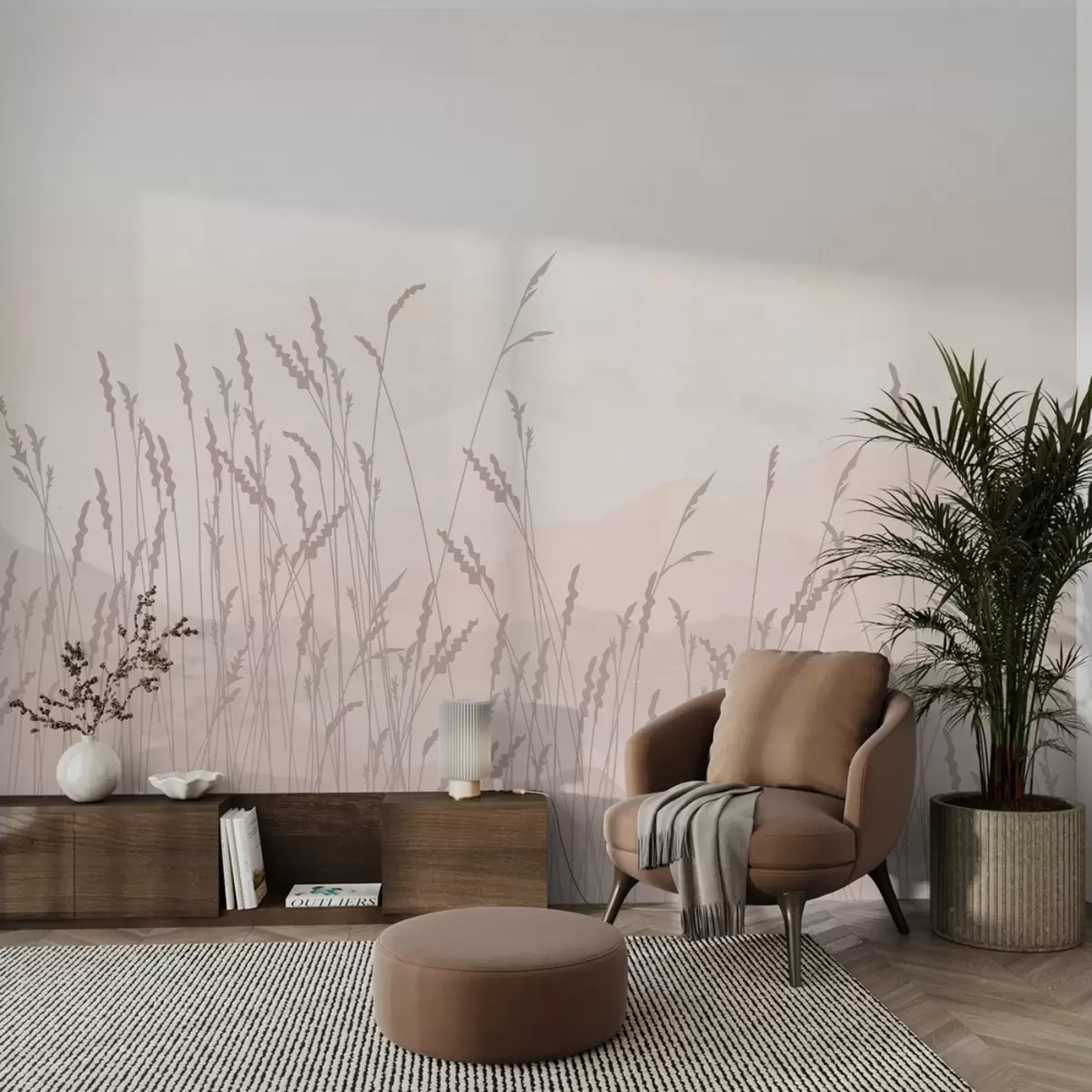 murales de pared Montañas rosa pálido,beige,hierba beige oscuro,rosa w01811