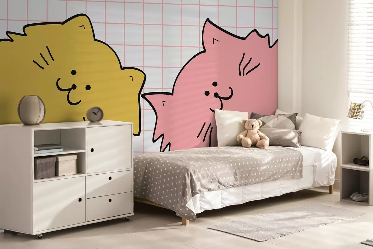 murales de pared Gatos dibujo lineal, amarillo, color rosa w01858