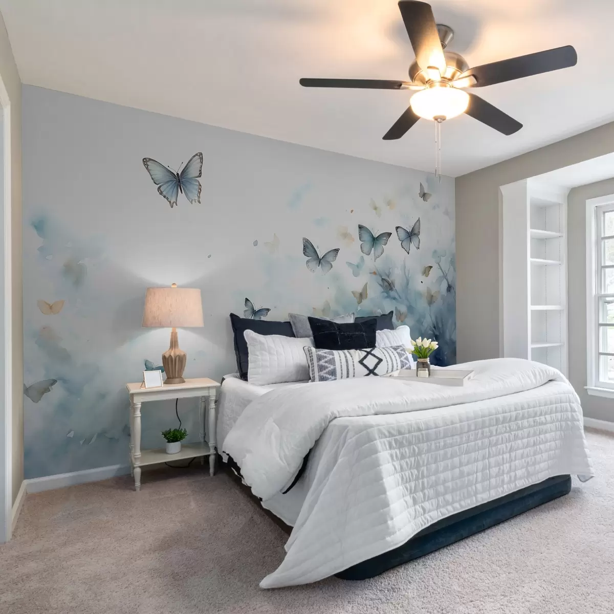 murales de pared Mariposas sobre fondo de manchas azules acuarela mojada w01861