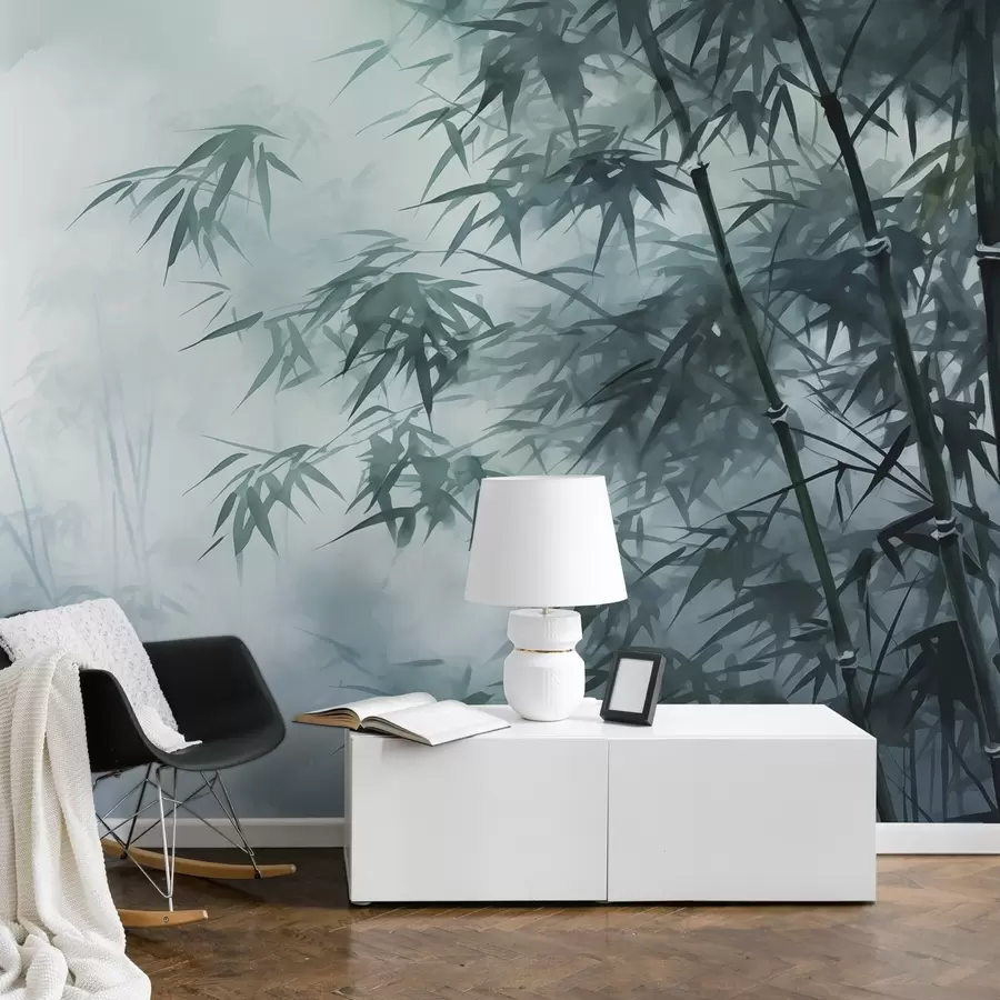 murales de pared Tallos de bambú sobre fondo de niebla oscura acuarela húmeda w01863