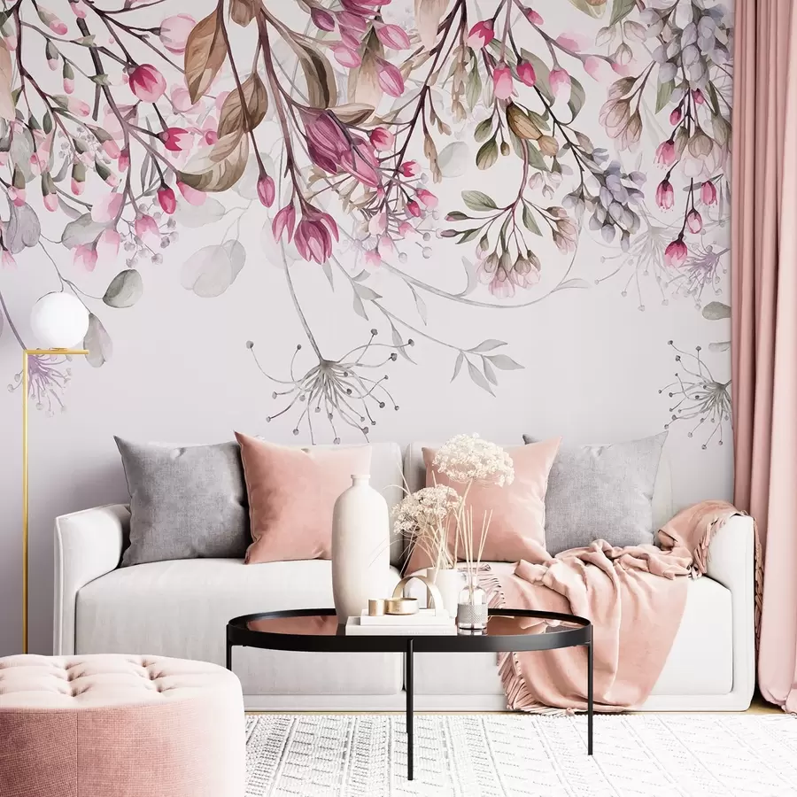 murales de pared Delicadas ramas florales rosas y blancas con hojas y pétalos, sobre fondo gris pastel w08347