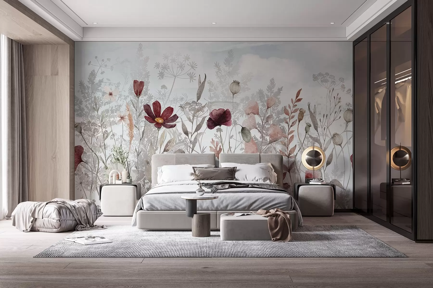 murales de pared Un campo de coloridas flores silvestres rojas, rosas y blancas con hojas onduladas sobre un fondo suave w08349