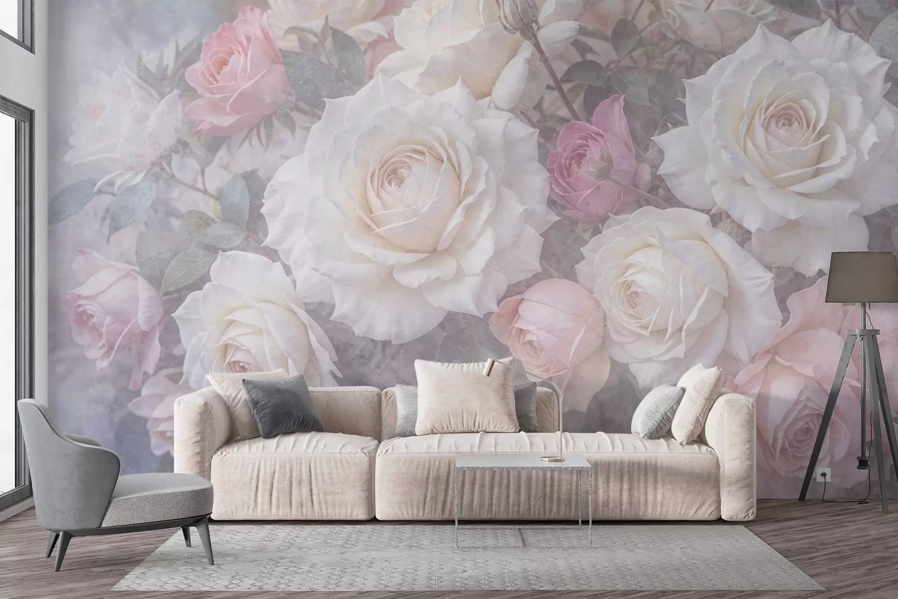murales de pared Rosas y peonías de suaves colores pastel sobre un fondo difuminado de textura gris brumosa w08352