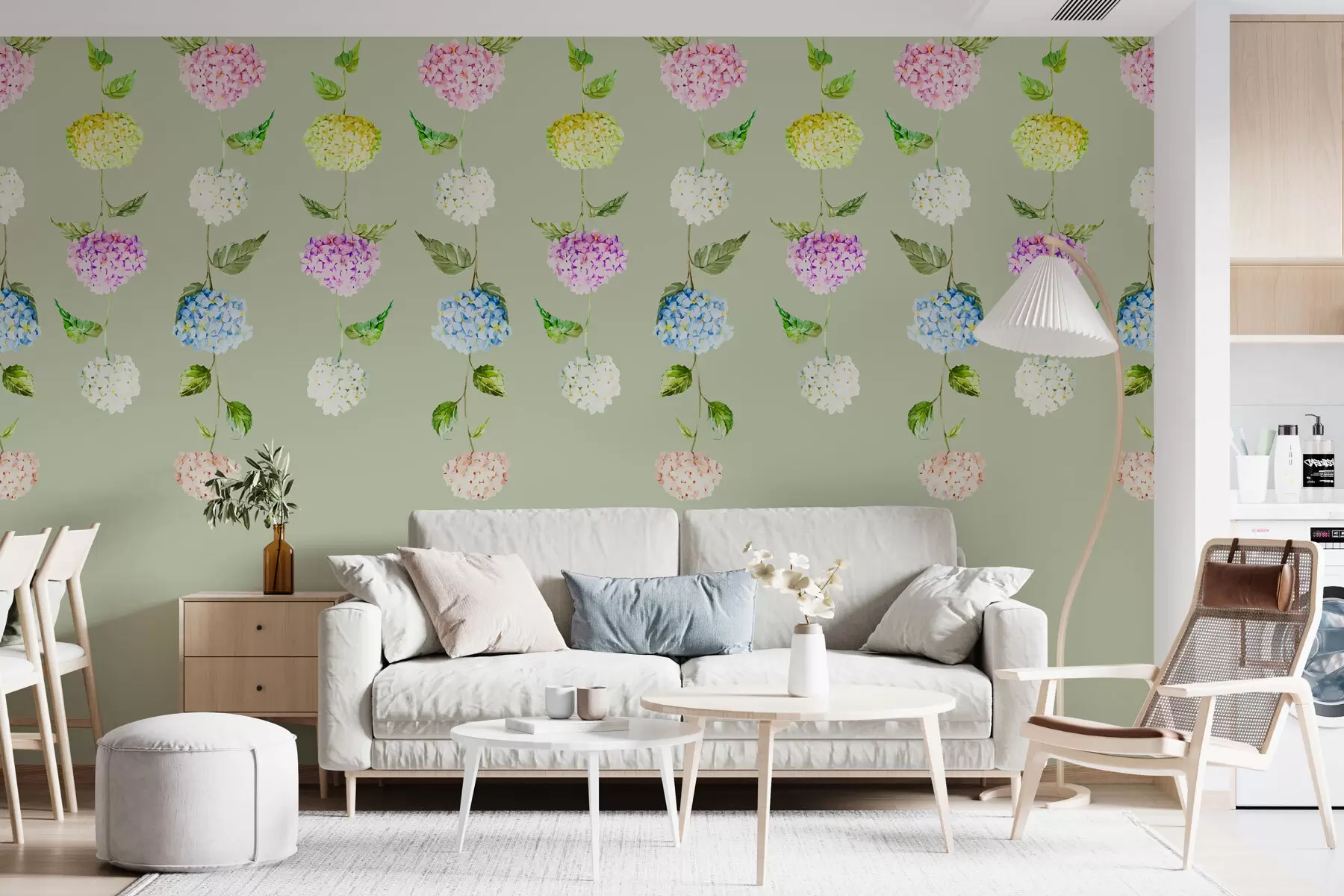 murales de pared Delicadas hortensias multicolores sobre fondo verde claro w01872