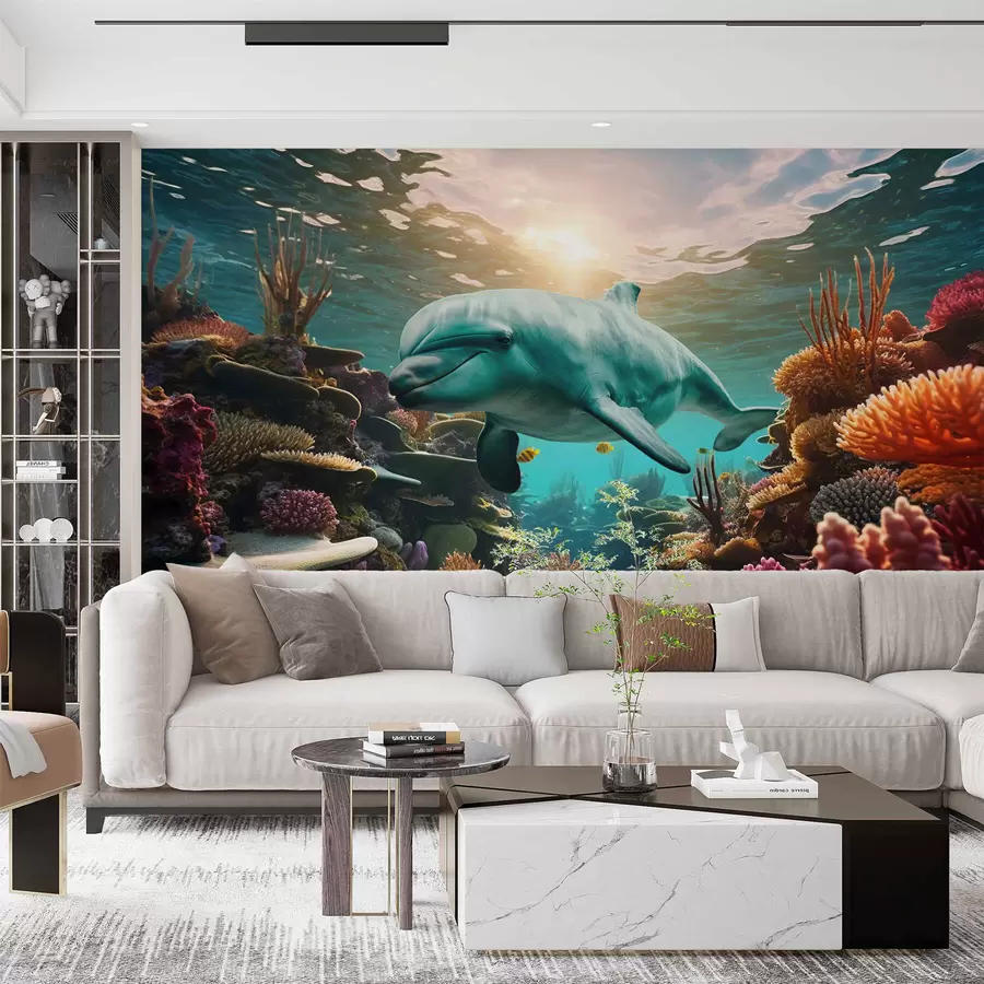 murales de pared Gran delfín en el mundo submarino de los arrecifes de coral w01873