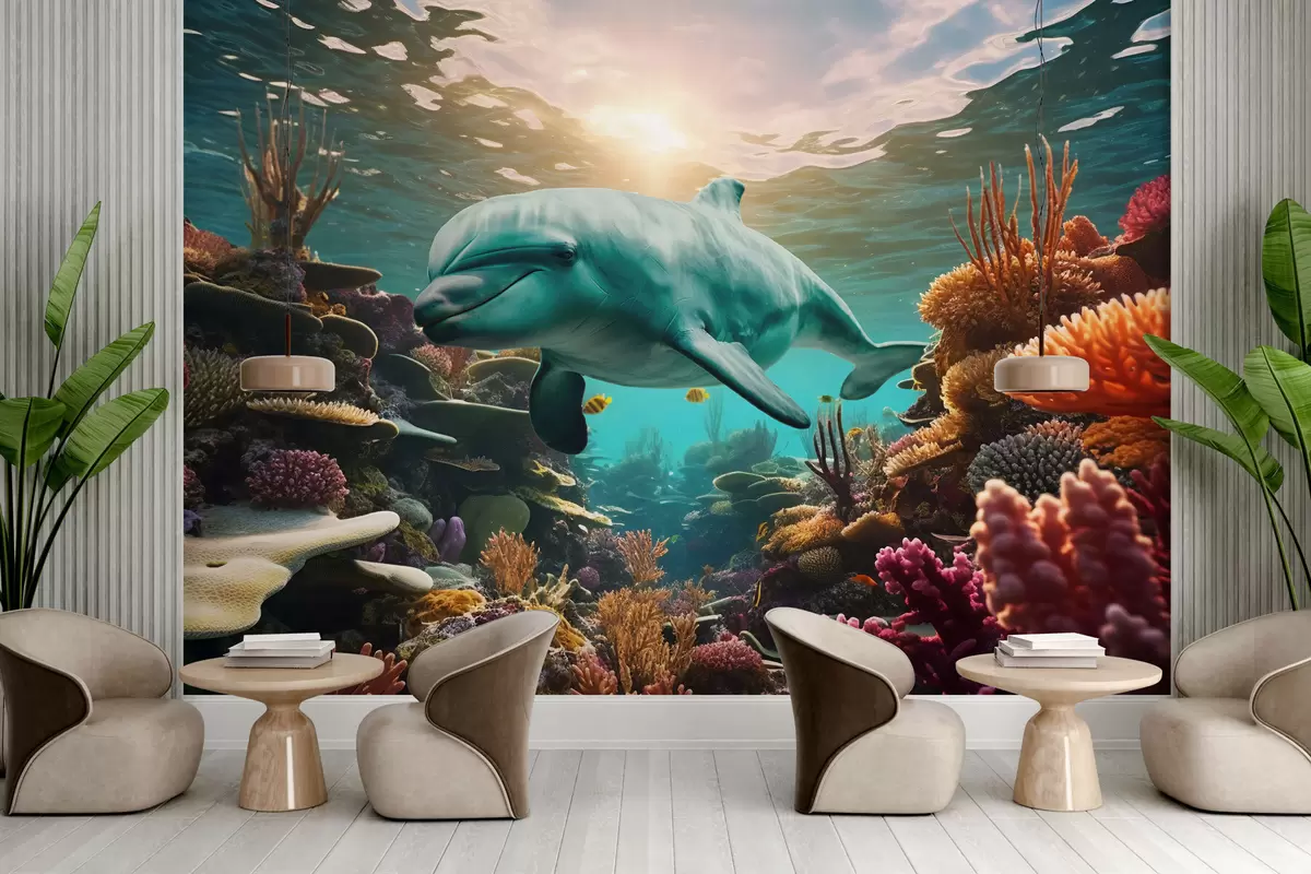 murales de pared Gran delfín en el mundo submarino de los arrecifes de coral w01873