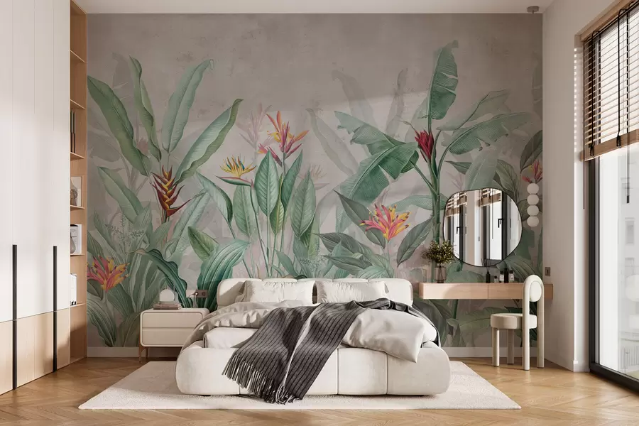 murales de pared Hojas y flores tropicales sobre fondo claro w01834v1