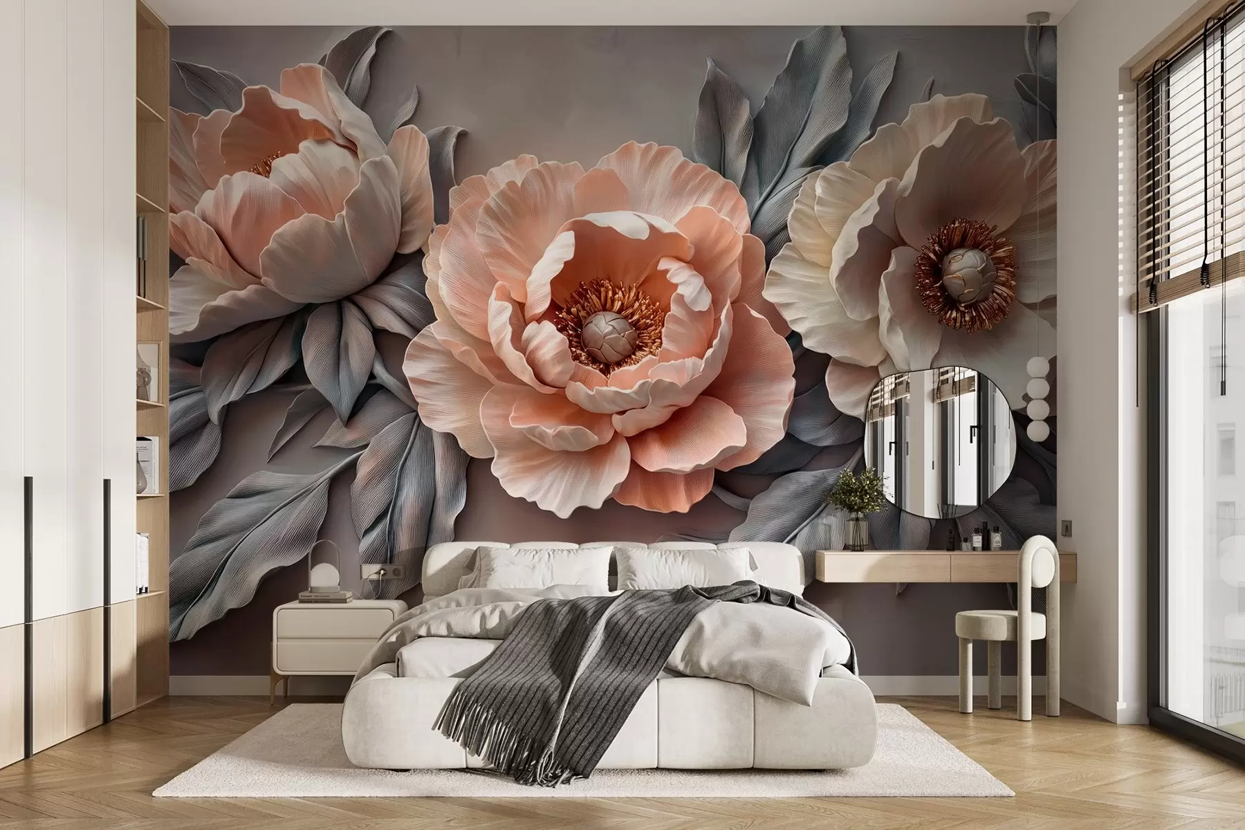 murales de pared Peonías florales rosas con hojas y pétalos en colores pastel apagados, estilo bajorrelieve escultórico w01824