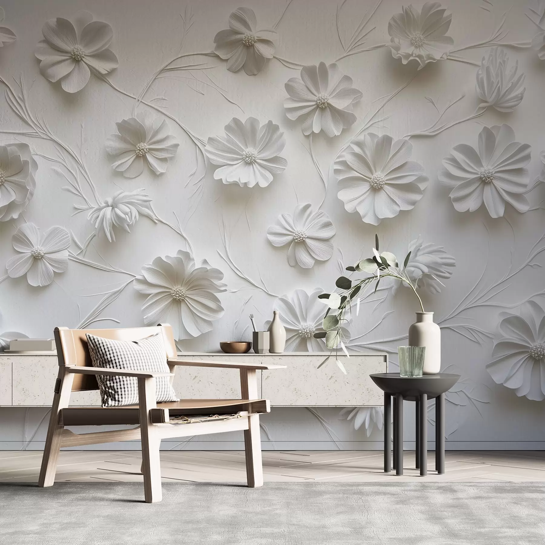 murales de pared Composición de flores blancas en relieve de estilo minimalista y sofisticado w01828