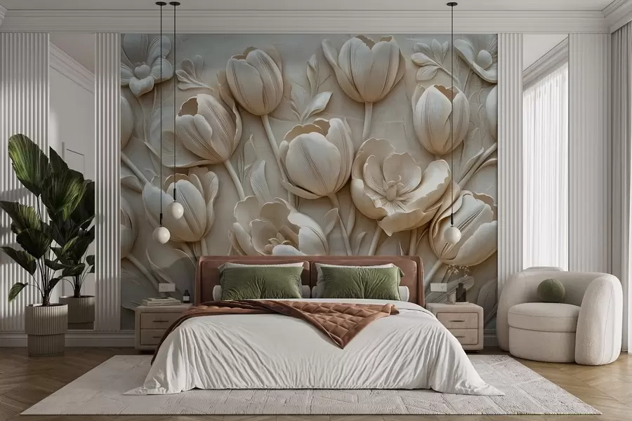 murales de pared arte floral en 3D con elegantes tulipanes de color beige w01851