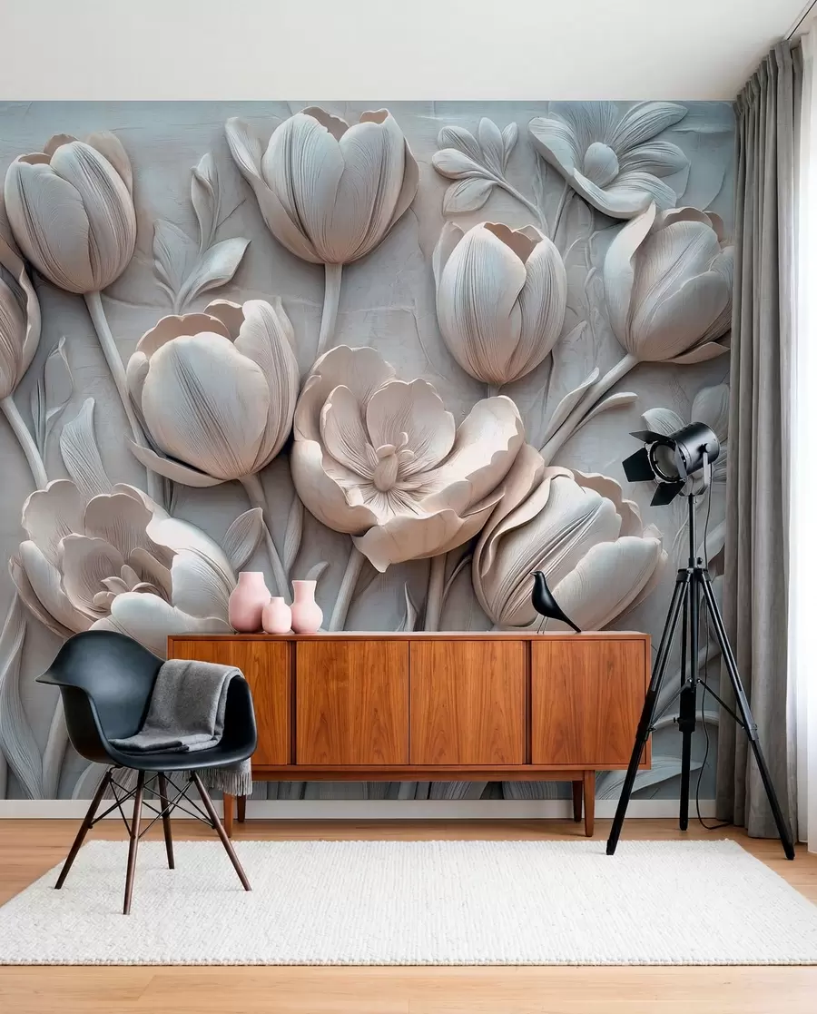 murales de pared arte floral en 3D con elegantes tulipanes en color gris w01851v1