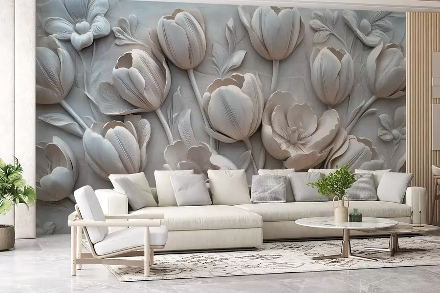 murales de pared arte floral en 3D con elegantes tulipanes en color gris w01851v1