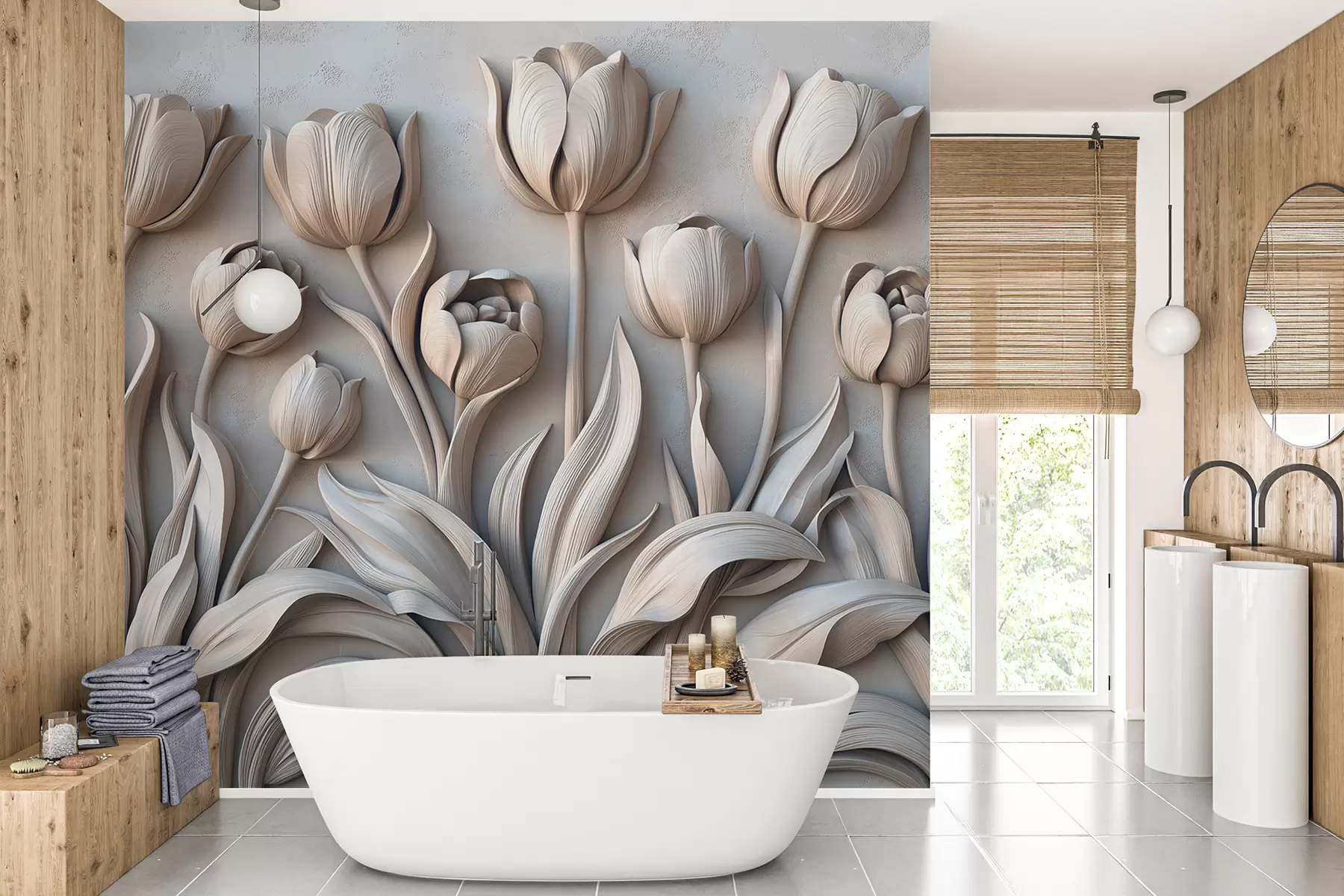 murales de pared Arte floral con hermosos tulipanes en una paleta de colores grises w01852v1
