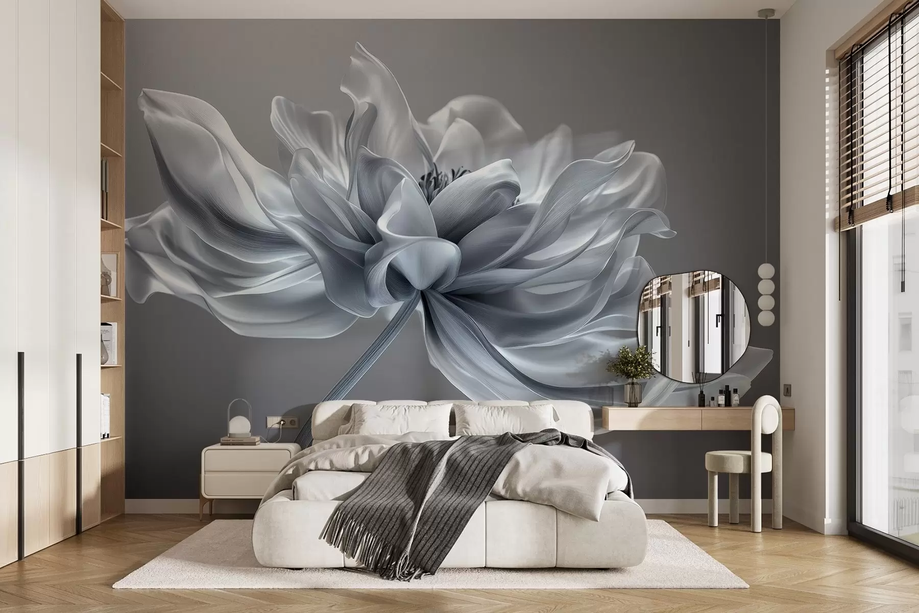 murales de pared Flor estilo arte digital con formas abstractas, monocromática, con delicadas curvas sobre fondo gris w01854