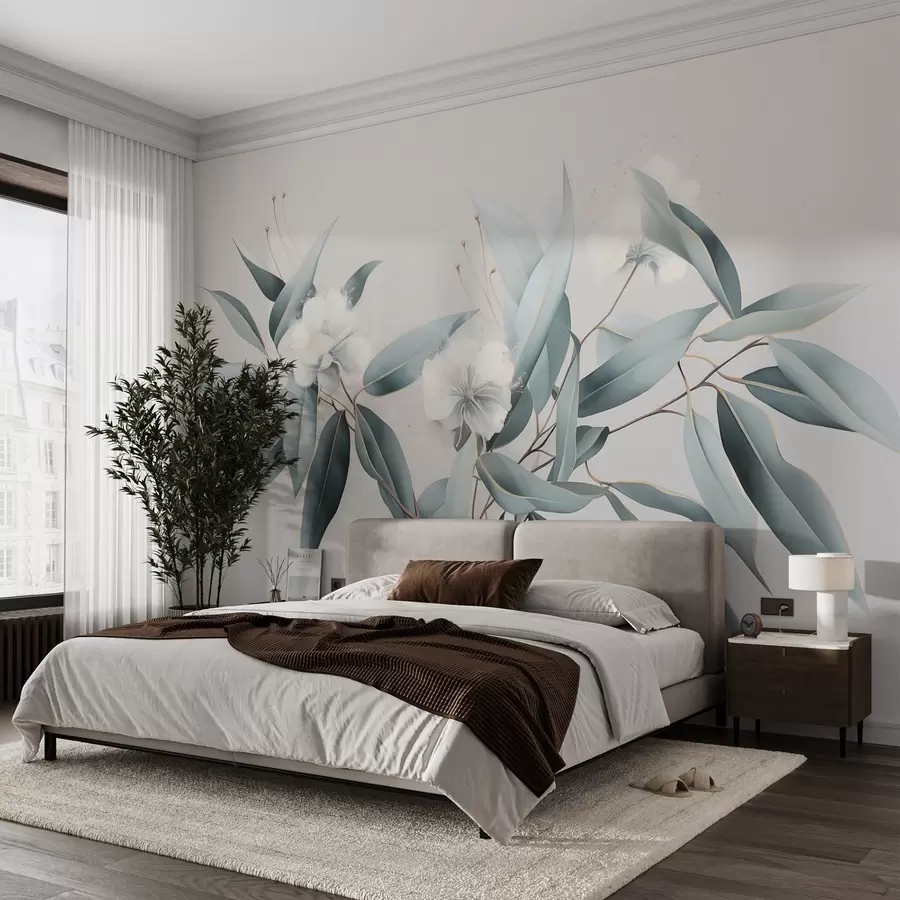 murales de pared Flores de algodón, naturaleza, dibujo acrílico, colores grises suaves w01884